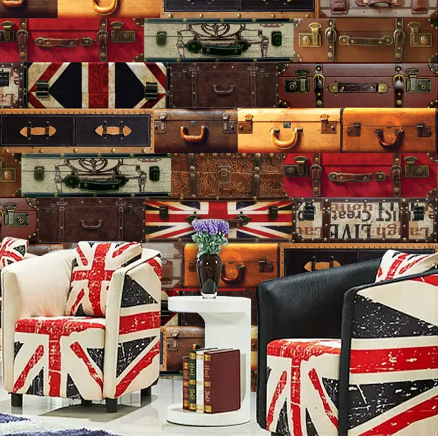 A large mural wall paper bar KTV deck boxes Europe and England Coffee dessert shop Vintage suitcase | Обустройство дома