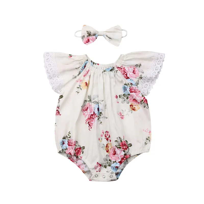 

Toddler Summer Clothes Short Sleeves Bodysuits Baby Girls Outfits Lace Flowers Sunsuit Bow Headband 2Pcs Baby Girl Sets 0-24M