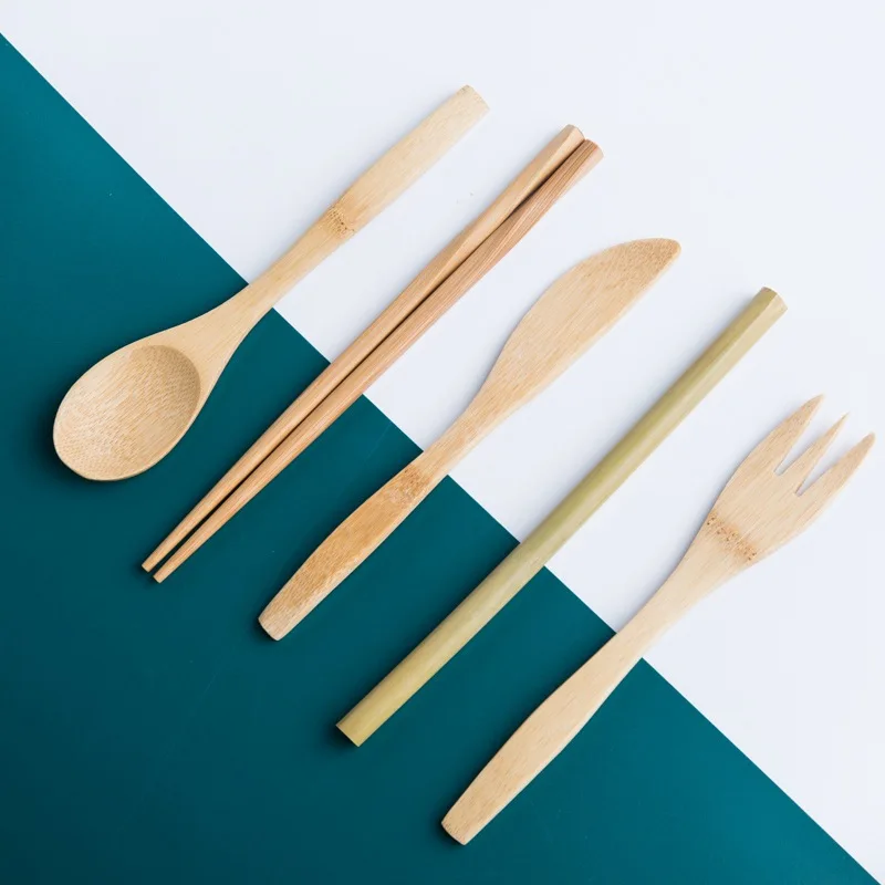 

7Pcs/Set Wooden Chopsticks Bamboo Fork Spoon Travel Cutlery Set Bamboo Straw Covered With Cloth Bag Knives Fork Spoon
