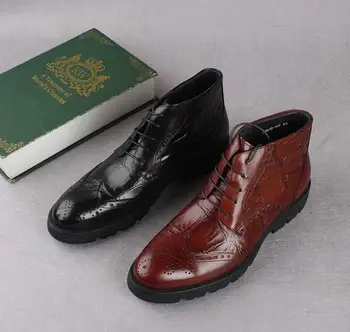 

Martin Boots Lace Up Shoes Men Genuine Leather Carved Brogue Smrt Casual High Top Shoes Low Heel Height Increasing Dress Boots