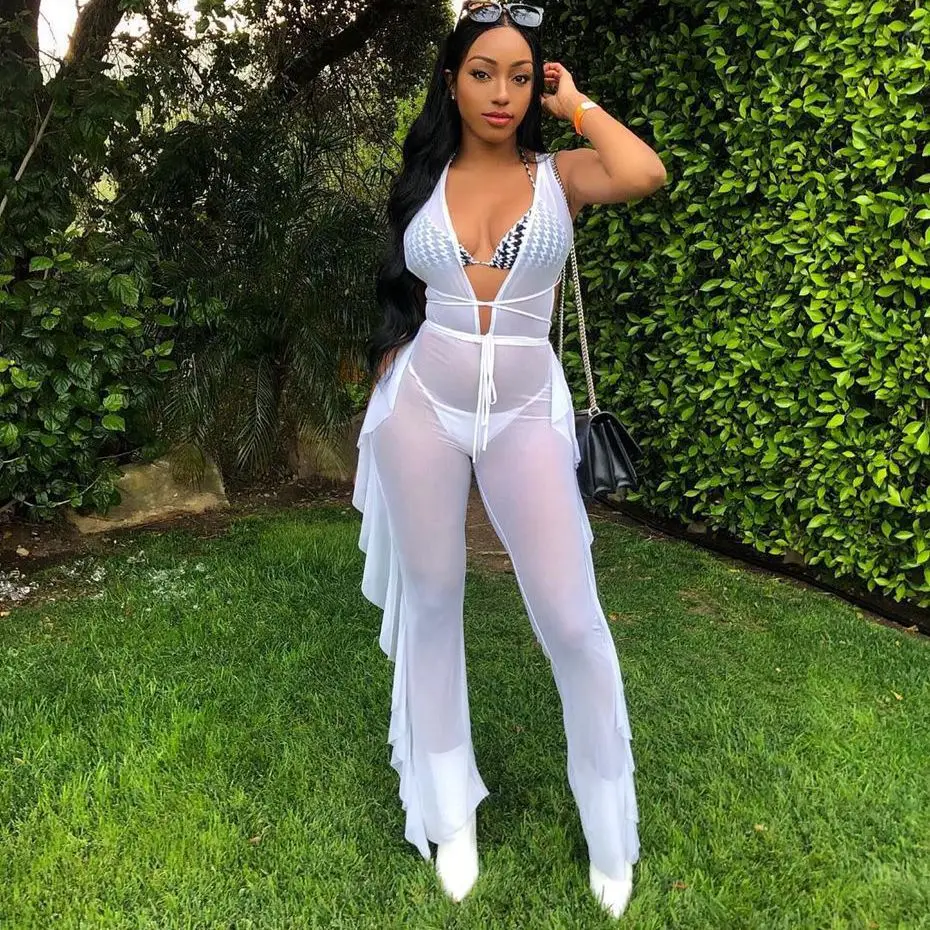 

HAOYUAN Mesh Sheer Sexy Side Ruffle Jumpsuit Summer Rumper Backless One Piece Body Overalls Bodycon Rompers Womens Jumpsuit