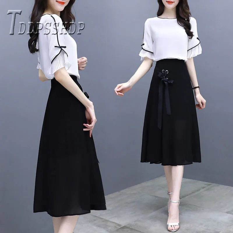 

2019 Spring Summer Women Sets White Blouse and Black Skirt Female Sets