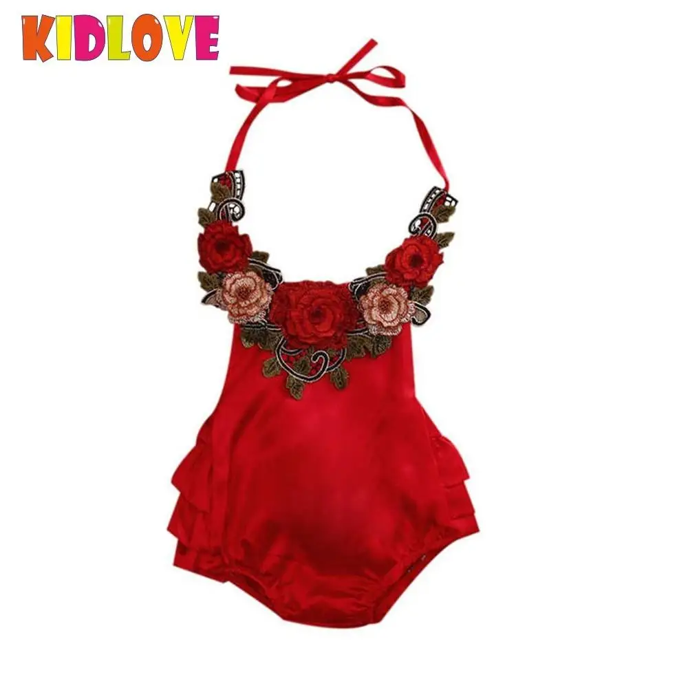 KIDLOVE Summer Baby Girl Infant Romper Embroidered Flowers Hanging Neck Sleeveless Bodysuit with Harness Sunsuit Clothes ZK30 |