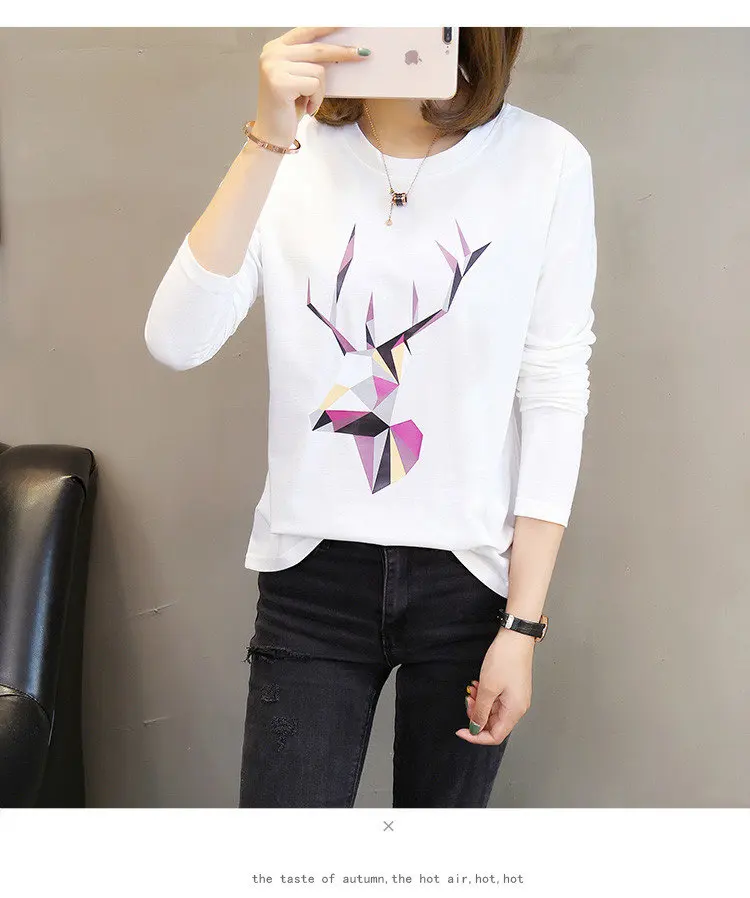 2019 Autumn Cotton T-Shirts Deer Printed Tshirts Women Leisure Long Sleeve White T-shirt Female Tops Tees Large Size M-5XL  (12)