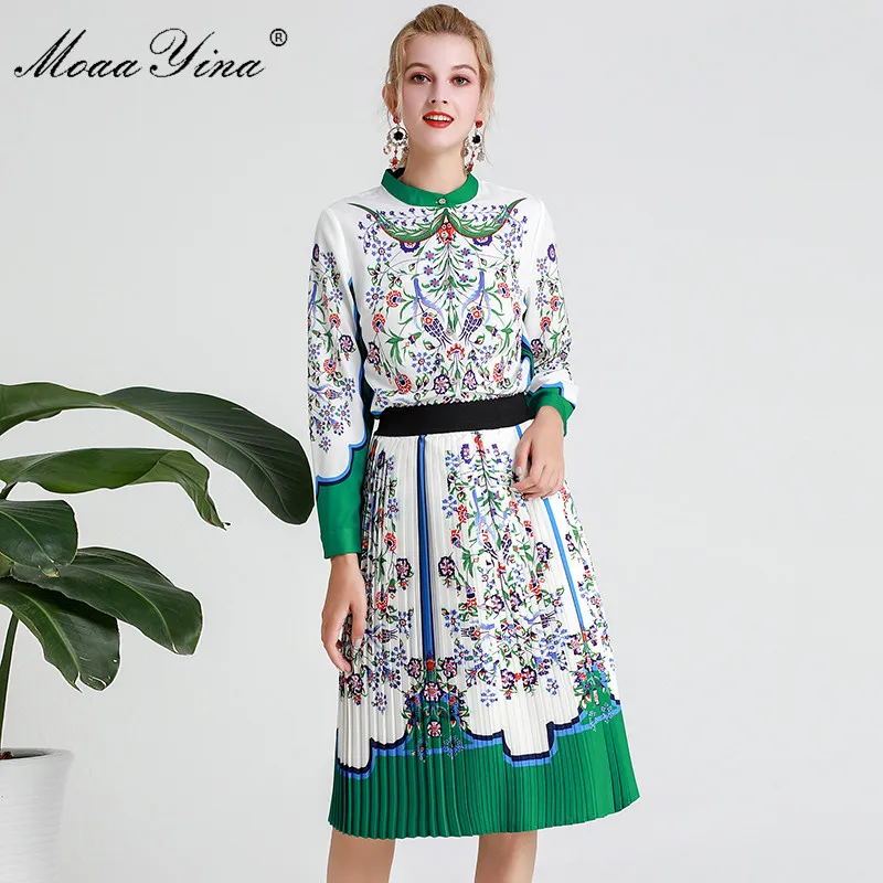 

MoaaYina Fashion Designer Set Spring Autumn Women Long sleeve Floral-Print Shirt Tops+Pleated skirt Two-piece suit