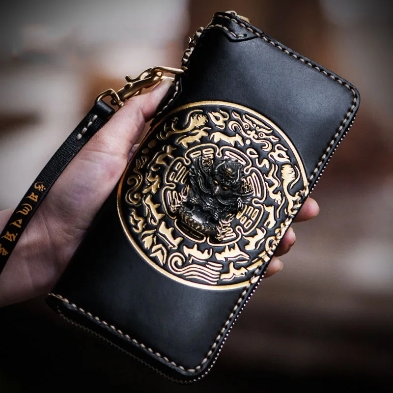 

Snow Tibet handmade secret auspicious character pattern men wallets long zipper calfskin carving womens wallets and coin purses