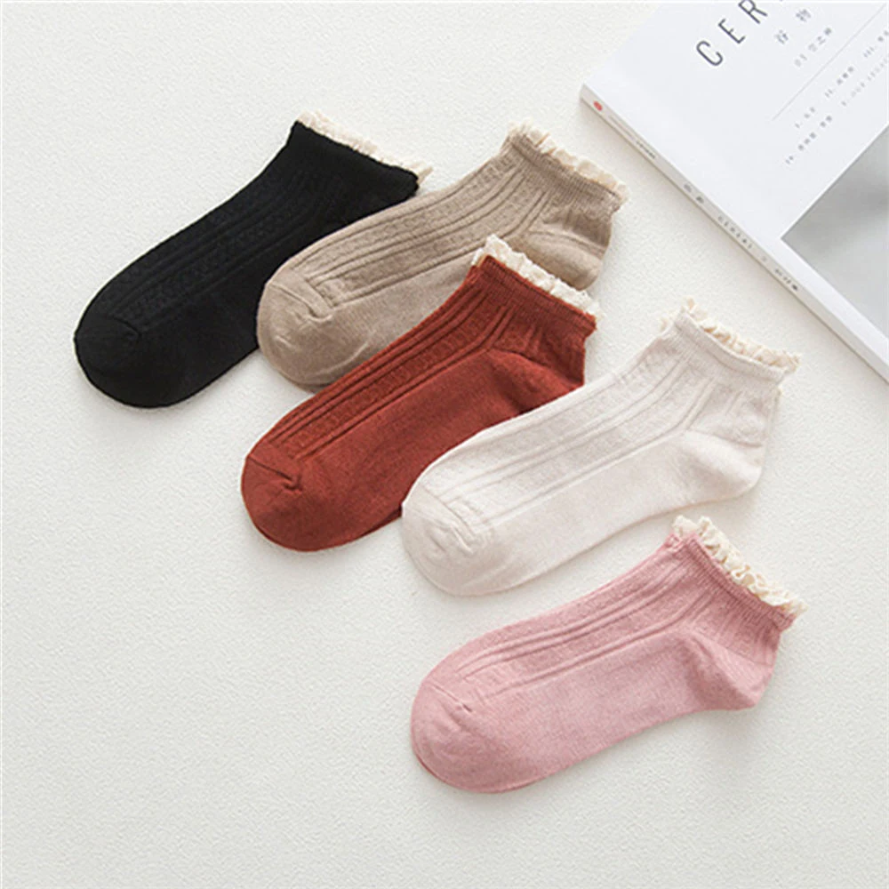 1 пара Для женщин бамбуковое волокно короткие носки милые кружевные гофрированные одноцветное Цвет Повседневное дышащие женские носки