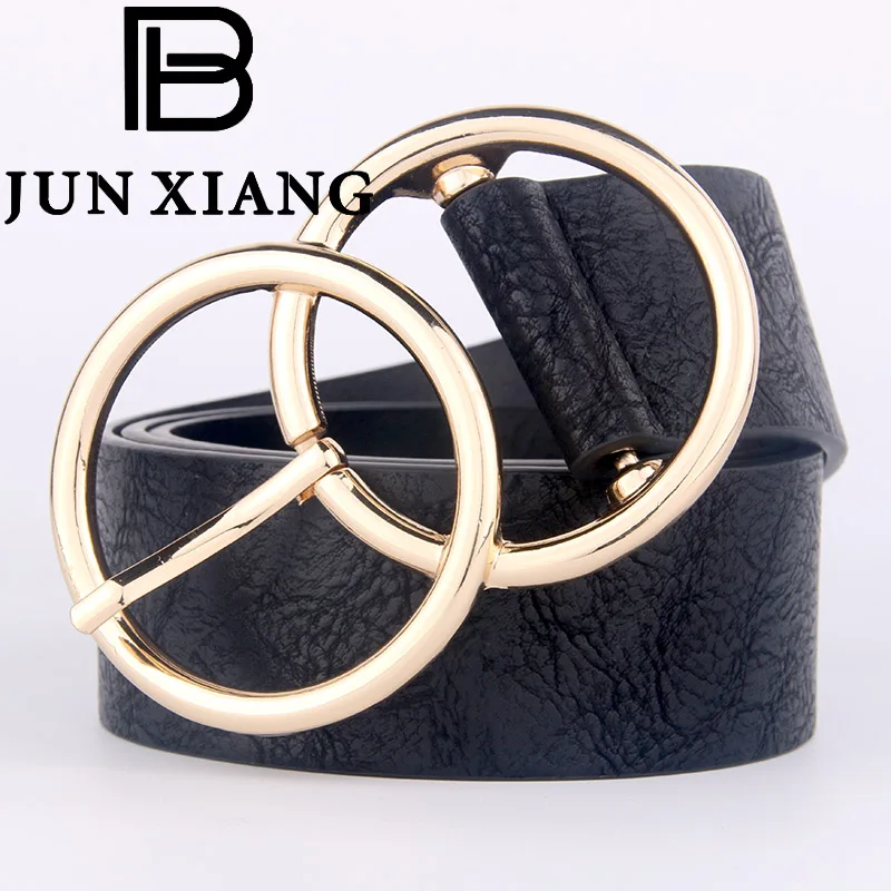 New Double Ring Round circle Buckle gold Ladies PU Leather G Belt thin