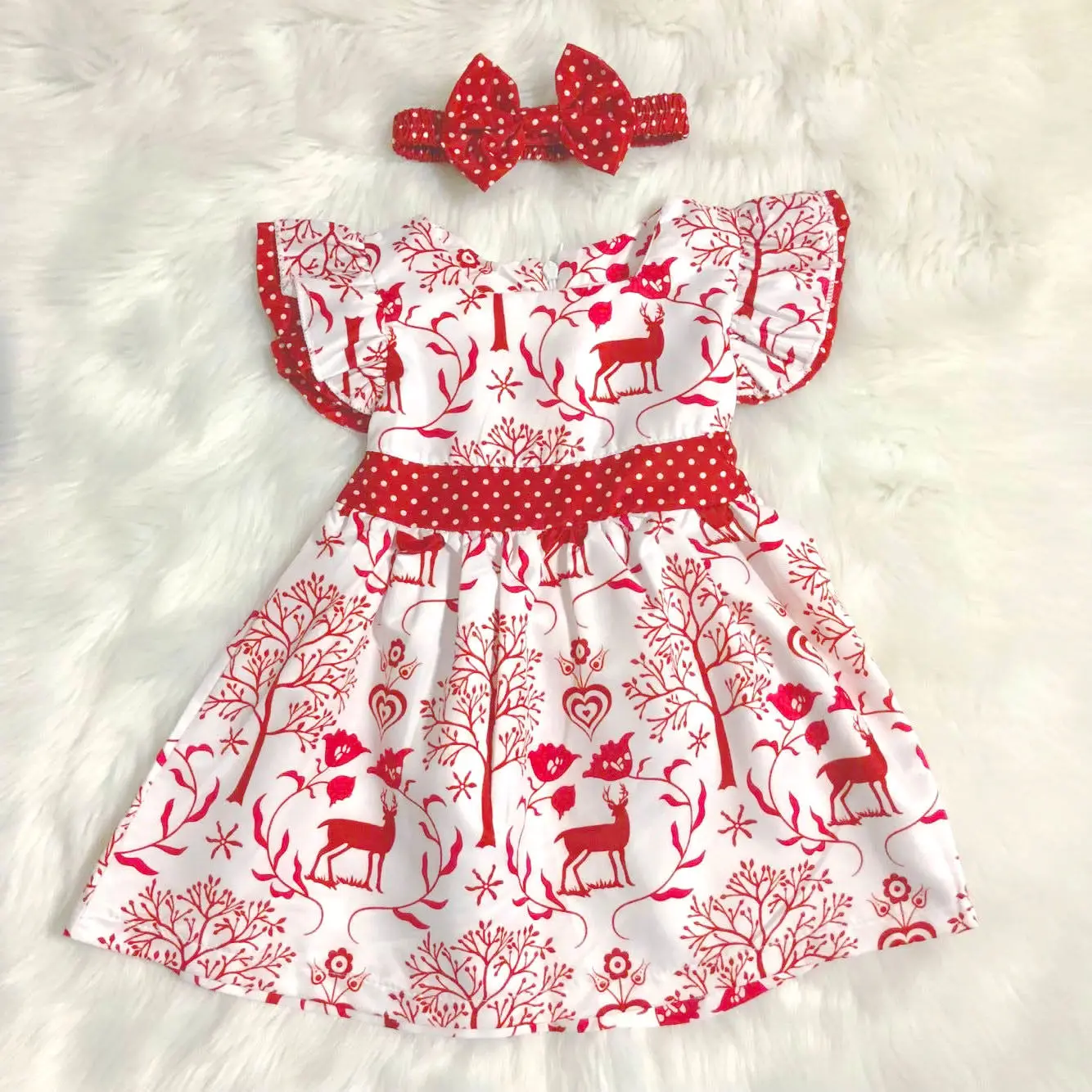 От 6 месяцев до 3 лет платье для маленьких девочек с принтом рождественского оленя модные детские вечерние платья с бантом для девочек - Цвет: Красный