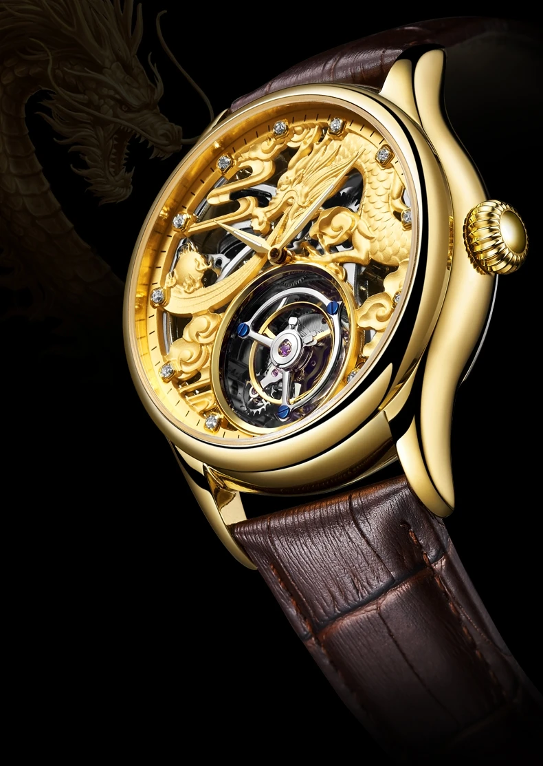 GUANQIN Швейцария Настоящее турбийон Зодиак Дракон Скелет механические часы мужские полые кожаный ремень серебро