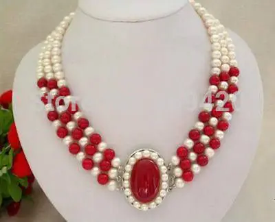 

~~ W&O655 >>3Rows 7-8MM White Pearl & Red Coral Necklace