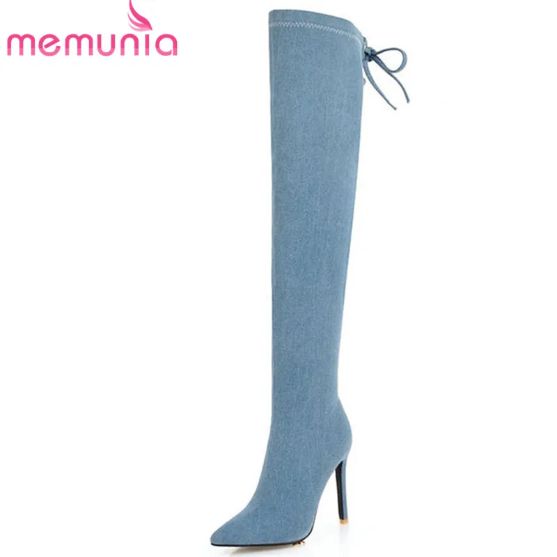 

MEMUNIA 2018 top quality denim over the knee boots women pointed toe autumn winter boots zip simple sexy long boots shoes woman