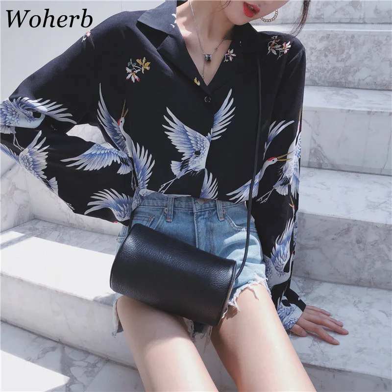 

Woherb 2019 Summer Harajuku Long Sleeve Shirts Women Casual Blouses Tops Print Vintage Crane Blusa Korean Fashion Clothing 21105