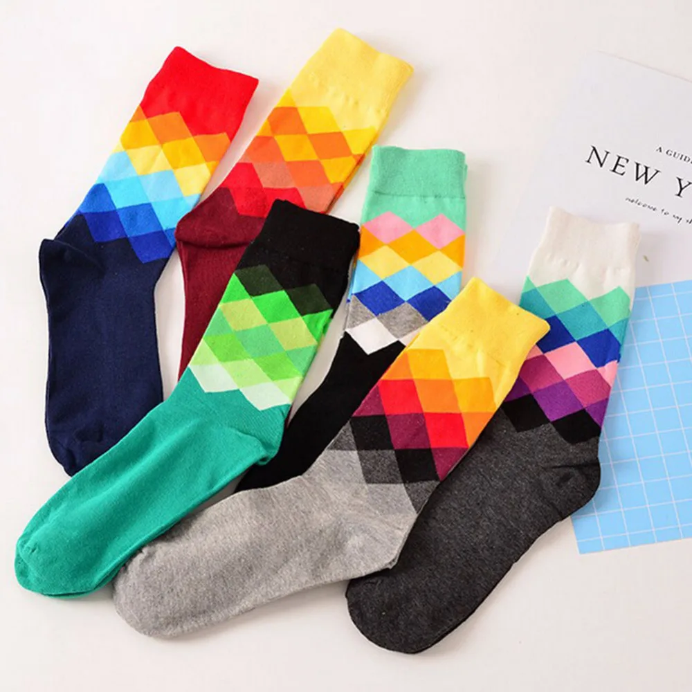 Мужские носки высокого качества многоцветные Модные мужские короткие удобные носки из хлопка теплые цветные алмазные печати повседневные Стандартные носки