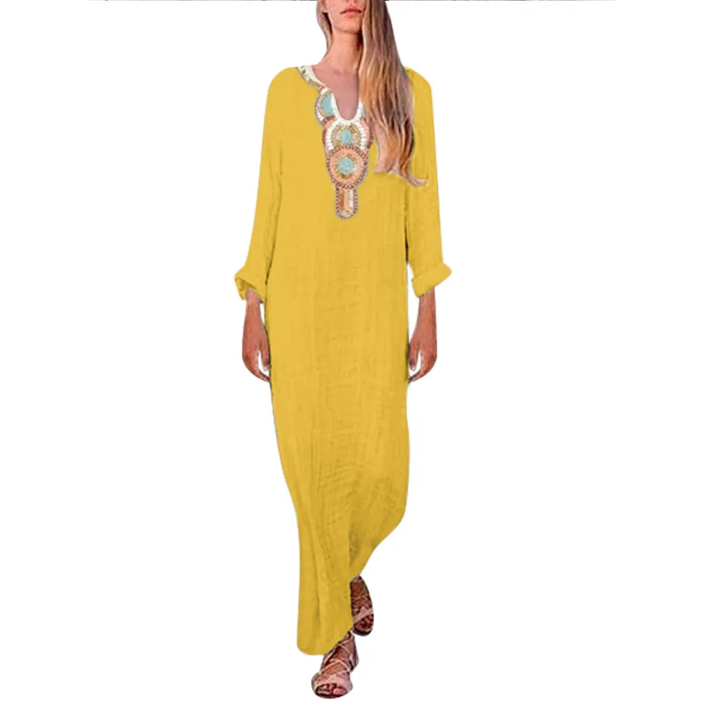 

JAYCOSIN Women Boho Long Maxi Dress Summer Beach Evening Party Floral Long Sleeve V Neck Vintage Print Sundress Dress vestidos