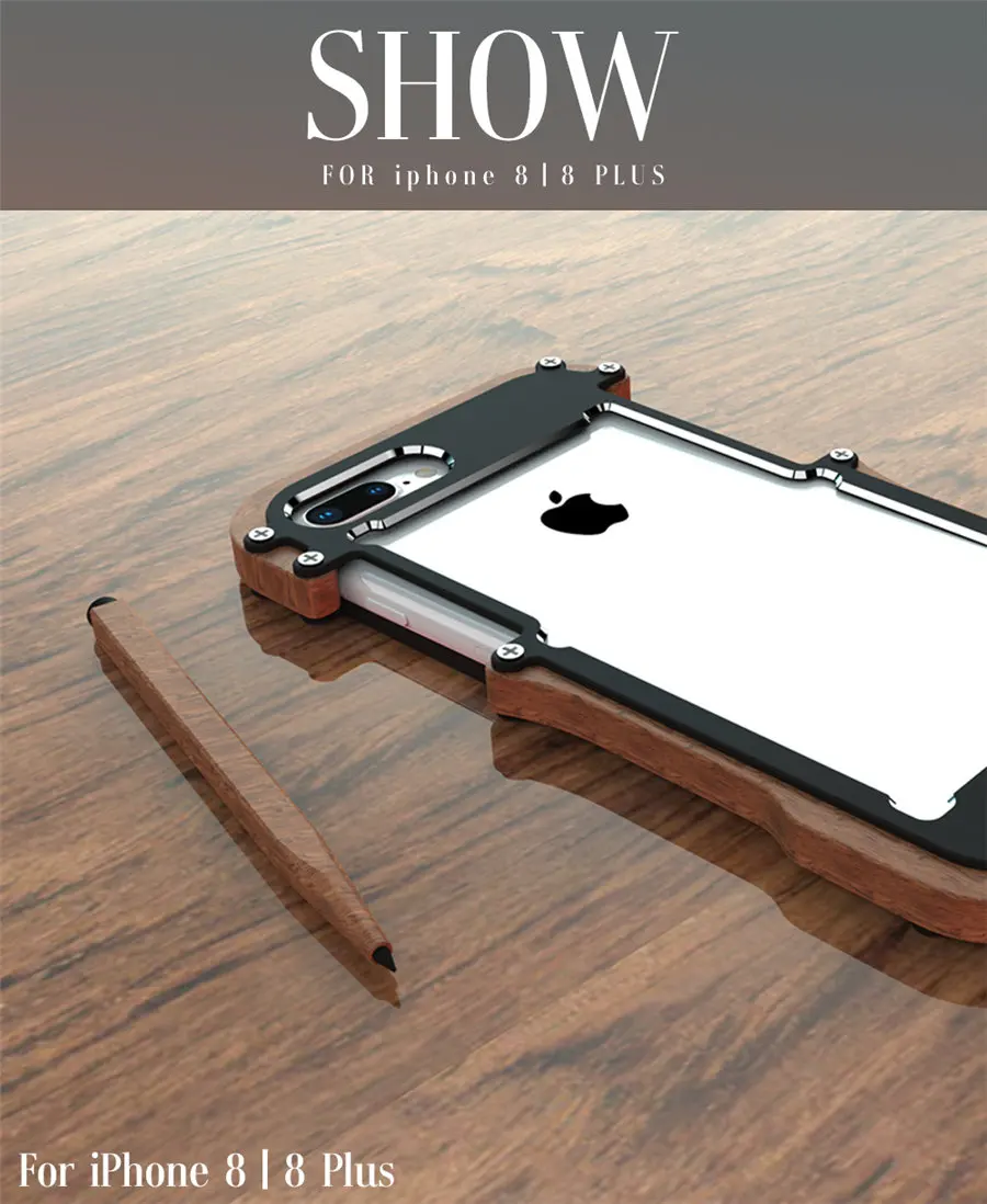 R-just Wood Case For iPhone 8 7 Plus Shockproof Case Metal Frame Bumper Cover For iPhone 8 Plus Case Aluminum Shell (9)