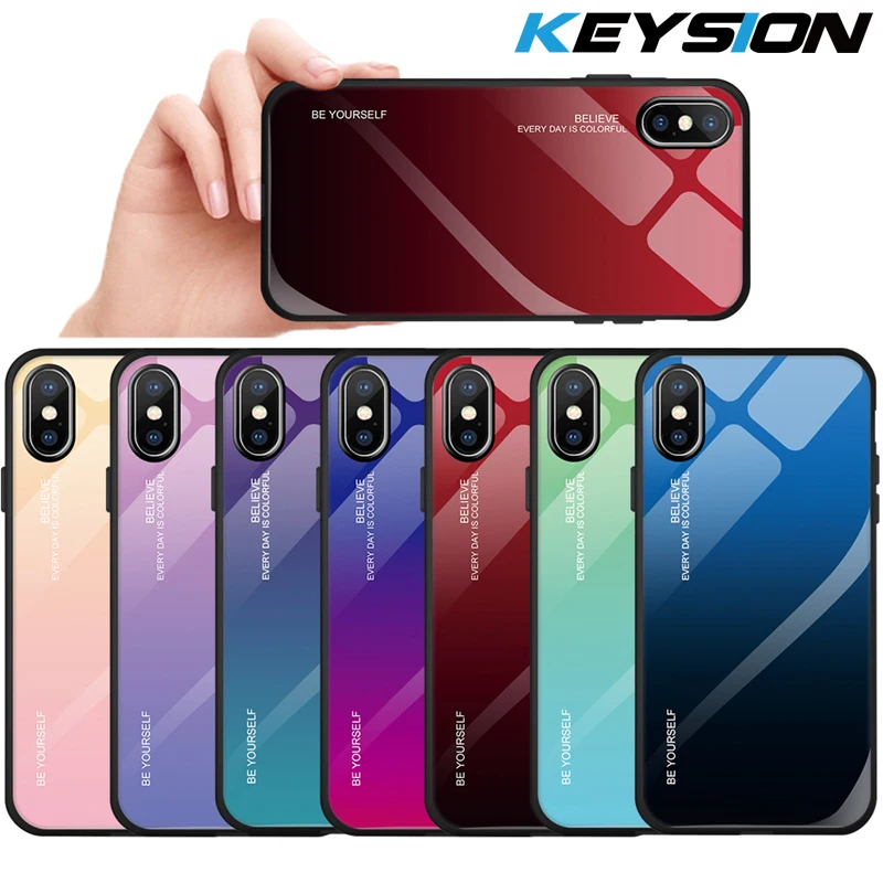 

KEYSION Tempered Glass Case For iPhone XS Max XR XS X 8 7 Gradient Color Blue Ray Aurora Skin Back Cover For iPhone 7 8 6S Plus