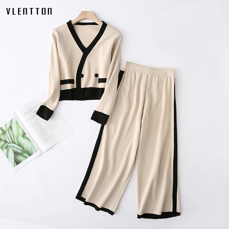

2019 New knitting 2 Piece Set Women V-Neck Spliced Knit Sweater Tops+Wide leg pants Sets Spring autumn Casual Women Two Pieces