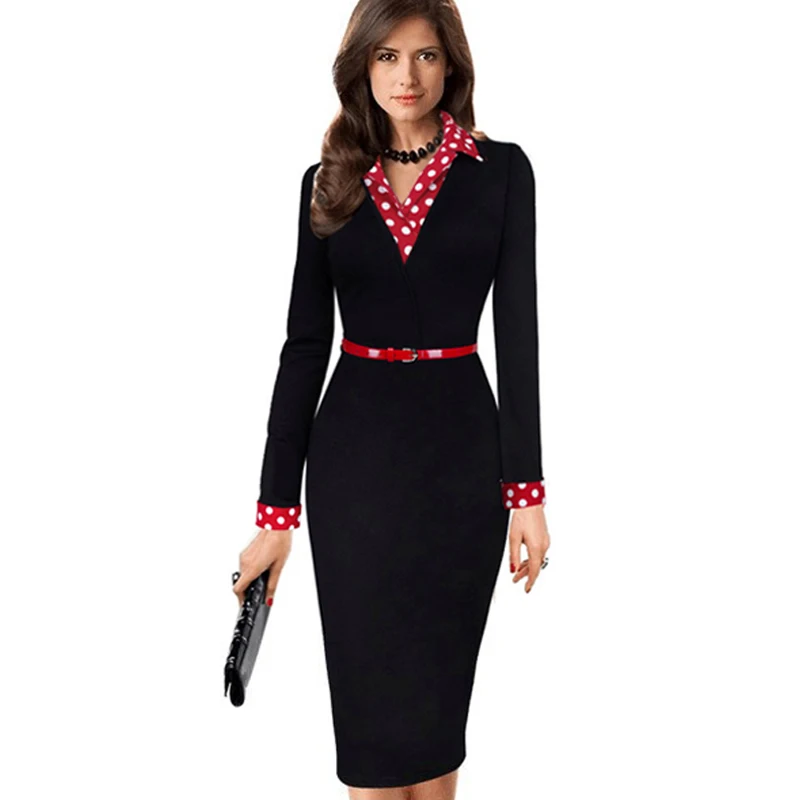 Women Elegant Vintage Autumn Polka Dot Belted Tunic Pinup Wear To Work Office Casual Long Sleeve