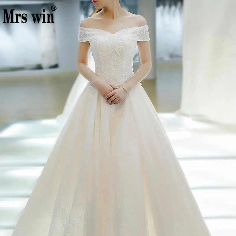 US $57.12 Wedding Dress 2021 Mrs Win The Bridal Elegant Boat Neck Sweep Train Ball Gown Princess Lace Vintage Plus Size Wedding Dresses F