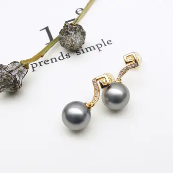 

Free Shipping 9.5mm Round Gray Genuine Tahitian Cultured Pearl Diamond Earrings 18k Rose Gold