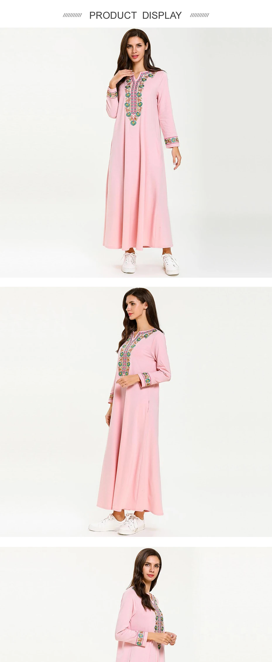 7712 Большие размеры исламское платье abaya модное вышитое розовое с длинными рукавами мусульманский женское платье длинное платье