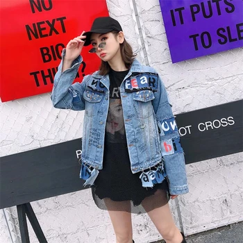 

European fashion letter Patch jacket Spring Rivet Denim Jacket Casual jeans jackets women Long Sleeve Autumn women's denim Coat