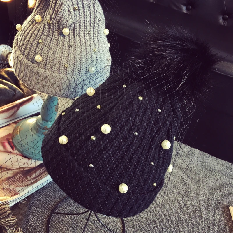 

Winter Beanie Hat Women 2017 New Hot Fashion Casual Warm Thick Pearl Gauze Stitching Knitting Hats Skullies Beanies