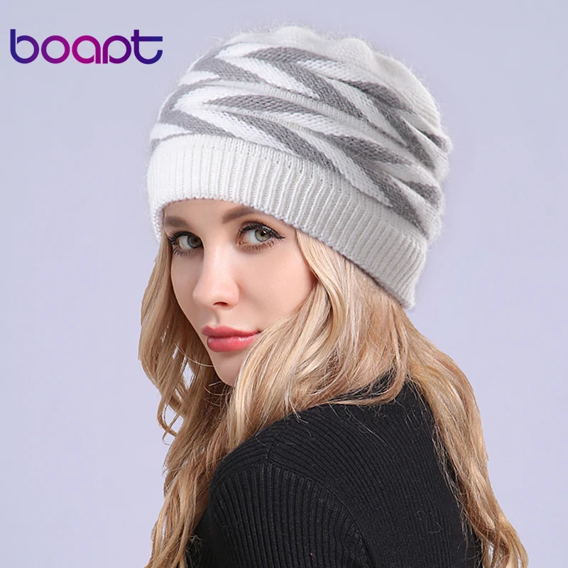

[boapt] Fold Soft Rabbit Double layer Knitted Thick Bonnet Beanie Caps Warm Winter Hat For Women's Hats Female Skullies Beanies