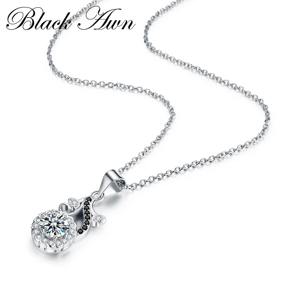 [BLACK AWN] Cute Silver Color Jewelry Flower Necklaces Pendants for Women Black&White Stone Necklace P143