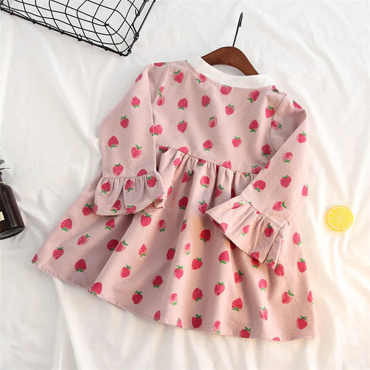 Fanfiluca Girls Dress 2018 Autumn Casual Style Girls Clothes Long Sleeve Strawberry Pattern Cotton Stand Collar Dress003
