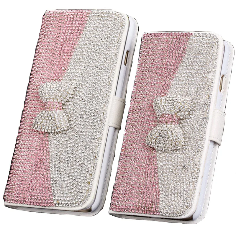 Luxury DIY Bling Rhinestone bowknot PU Leather Flip Stand Wallet Phone