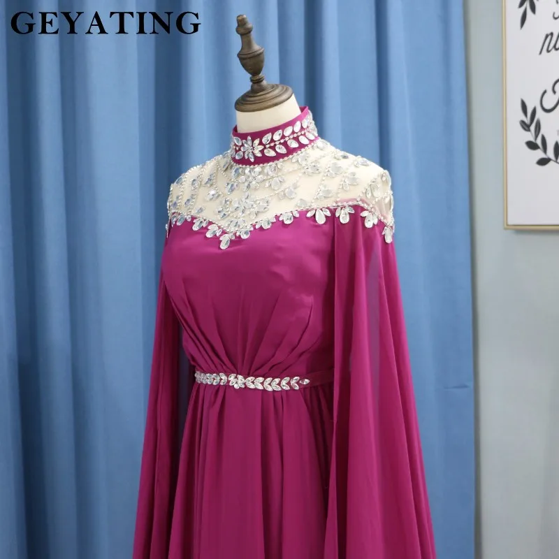 Elegant High Neck Muslim Fuchsia Evening Dress Long Sleeves Crystal Arabic Kaftan Dubai Prom Dresses 2019 Long Black Formal Gown Elegant High Neck Muslim Fuchsia Evening Dress Long Sleeves Crystal Arabic Kaftan Dubai Prom Dresses 2019 Long Black Formal Gown