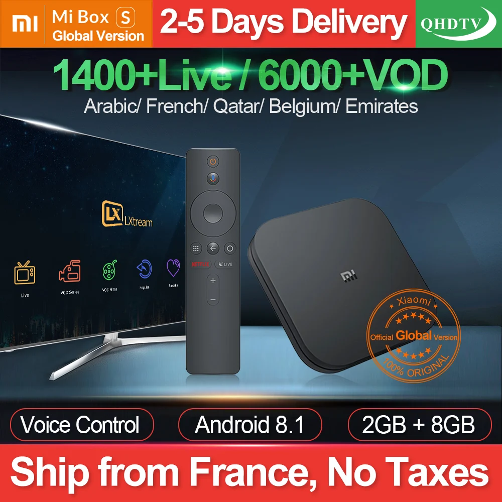 

IPTV France Global Original Xiaomi Mi Box S Android 8.1 QHDTV IPTV Box 2G 8G WIFI Google Cast 1 Year IPTV French Arabic IP TV
