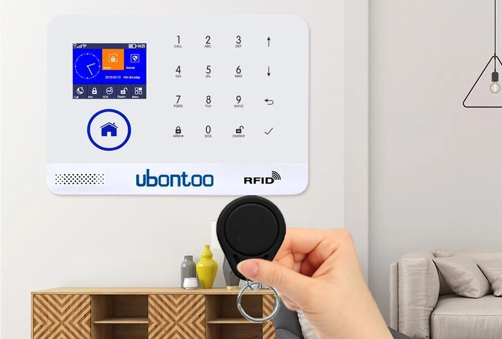 UBONTOO EN RU ES PL DE FR он переключаемый беспроводной домашней безопасности wifi GSM GPRS Сигнализация приложение пульт дистанционного управления RFID Arm/Disarm