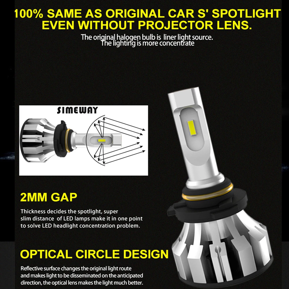 Simeway автомобиля h7 h4 светодио дный H1 H3 H8 H9 H11 9005 9006 9012 фар лампы с CSP чип 8000lm 6000 К автомобильной туман передний свет 12 В