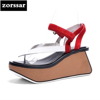 

{Zorssar} 2018 Genuine Leather Women Wedges Sandals Summer Shoes Open Toe platform High heels flip flops sandals woman shoes