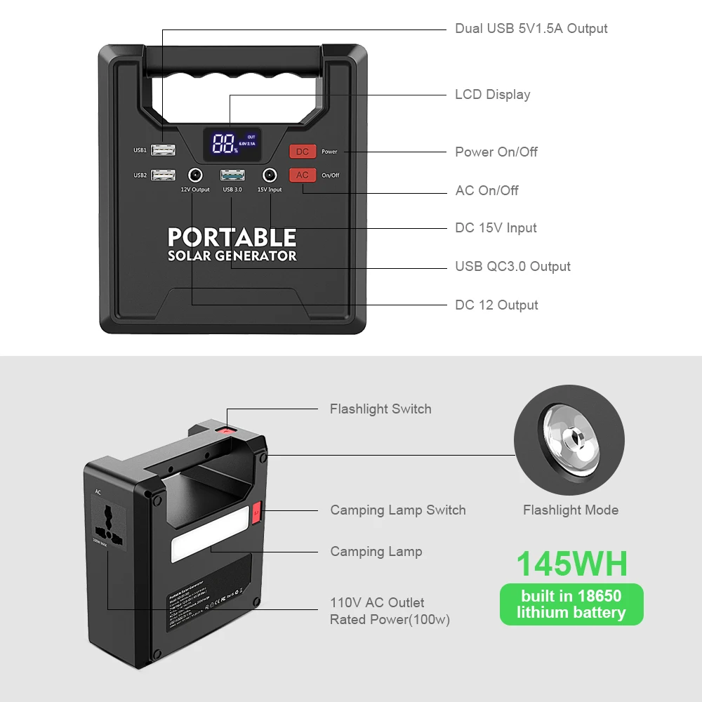 145WH/39000mAh Портативная электростанция инвертор аварийный аккумулятор с фонариком и светодиодный фонарь для кемпинга AC DC QC3.0 usb порты