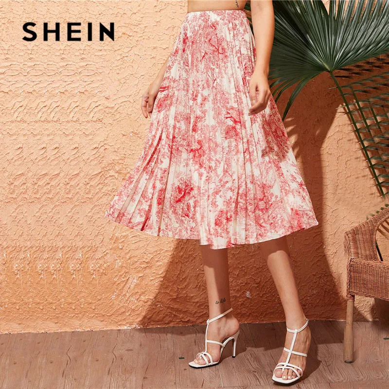 SHEIN, Женская плиссированная юбка с пейзажным принтом, весна-лето, Boho, высокая талия, длинные юбки для дам, трапециевидная элегантная юбка миди