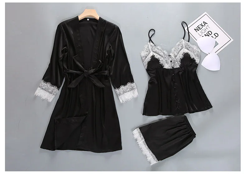 Queenral 3PCS Pajama Sets Women's Sleep Lounge Sleepwear Spring Sexy V-neck Nightwear Satin Silk Long Sleeve Home Wear Female   6