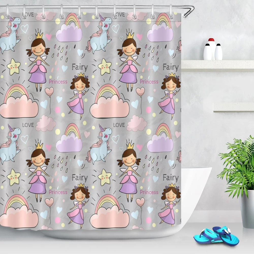 cortina de de princesa estrella de cuento de hadas niña, unicornio, nubes, arcoíris, tela de baño personalizada impermeable para decoración de bañera|Cortinas de ducha| -