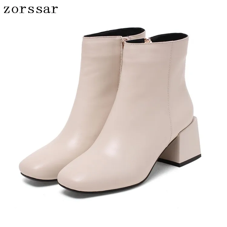 

{Zorssar} 2019 new style genuine leather ankle boots pointed toe thick High heel chelsea boots soft leather women boots shoes