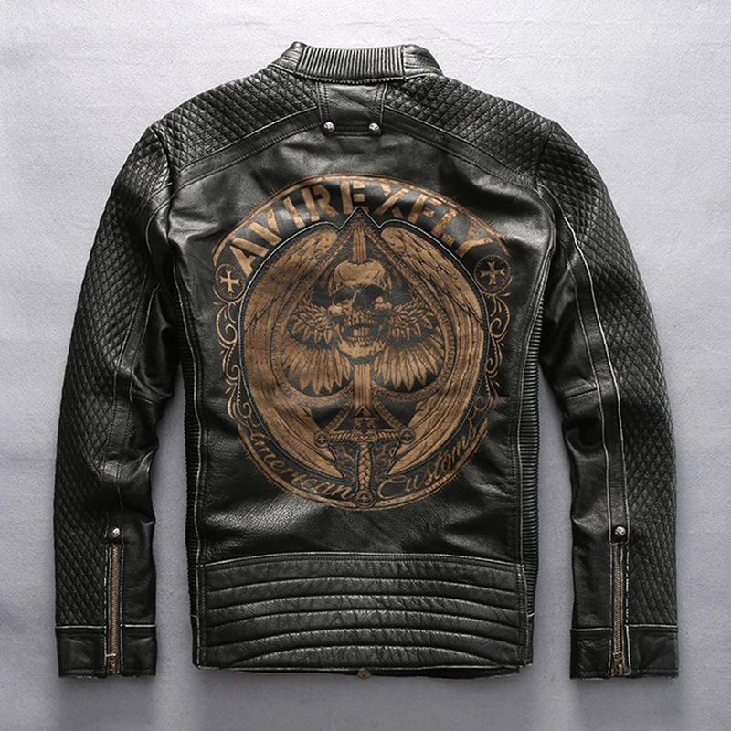 

AVIREXFLY Men's Genuine Leather Embroidery Skull Jacket Motor Vintage Pattern Black Jacket Luxury Cowhide Coat DHL Free Shipping