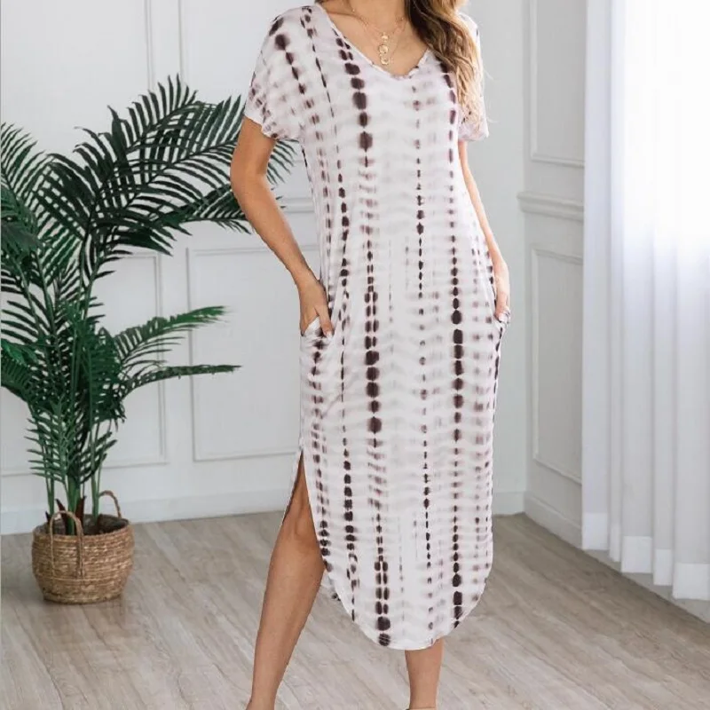 

2019 Summer Women New Dress Fashion V-Neck Short Sleeve Print Ladies Dress Casual Loose With Pockets Split Irregular Women Dress