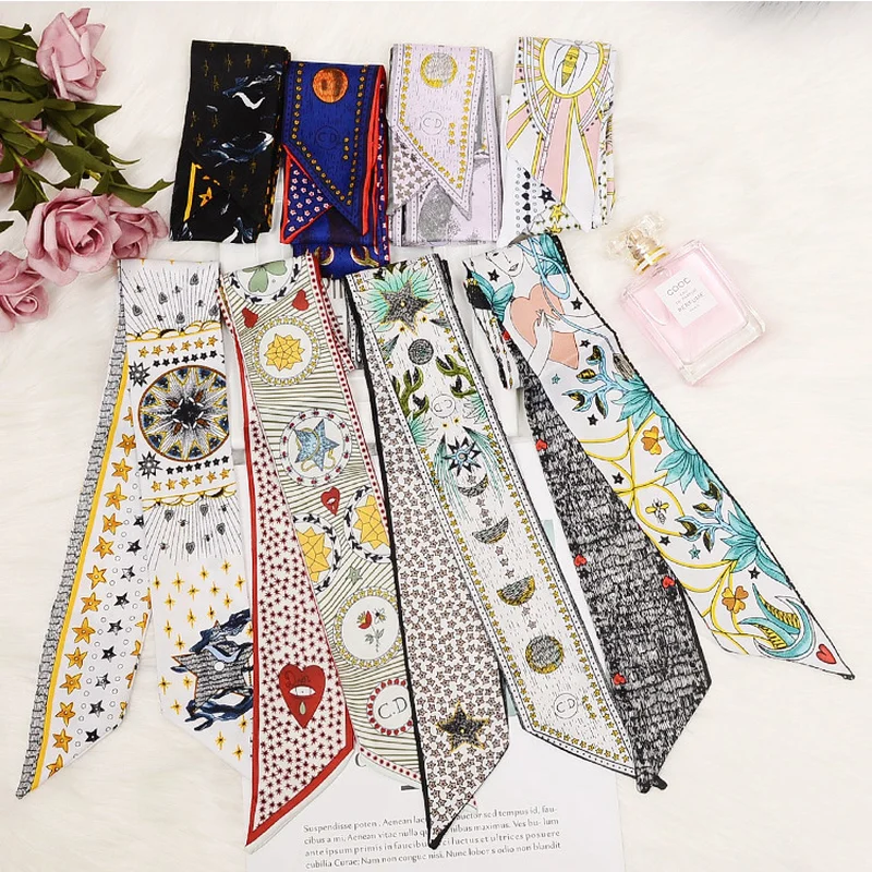 

Tarot Double-sided Printing Multipurpose Imitation Silk Women Tied Bag Handle Silk Scarf Slender Small Scarves Women 2019 Female