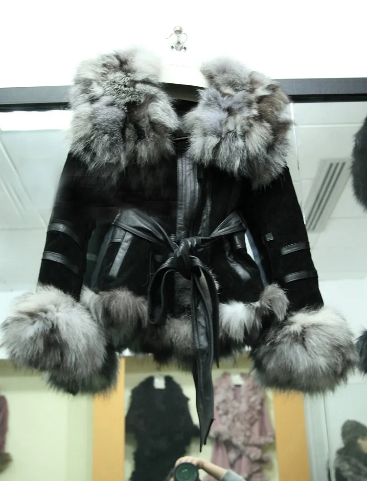 Winter Women's Real Fur Coats Moto & Biker Genuine Leather Coat Fox Fur Collar Plus Size Natural Fur Jackets Women Clothes 2018