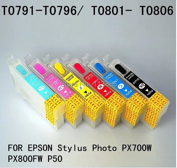 

6 color 79 T0791 - T0796/ T0801-T0806 Refillable ink cartridge for EPSON stylus Photo PX700W PX800FW P50 printer Auto reset chip