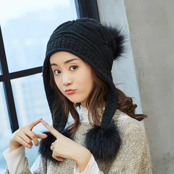 

Kagenmo Young Lady Fashion Winter Hat Wool Knit Ear Protection Female Warm Cap Cold Winter Windproof Keep Warm New Year Gift