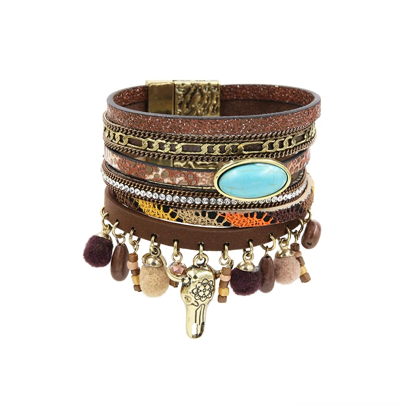 

Multilayer PomPom Skull Pendant Leather Bracelet For Women Bohemian Vintage Magnetic Clasp Wrap Bracelets Fashion Jewelry