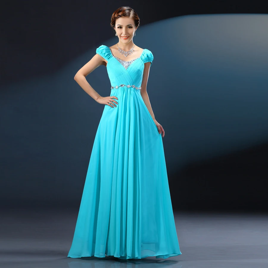 Robe Demoiselle D Honneur Sexy Vneck Mousseline De Soie Cristal A Manches Courtes Une Ligne Turquoise Bleu Royal Rose Robe D Invite De Mariage Longue Aliexpress